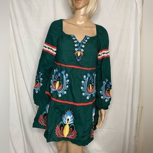 Anthropologie LetMeBe embroidered long sleeve tunic dress green szXS NWT
